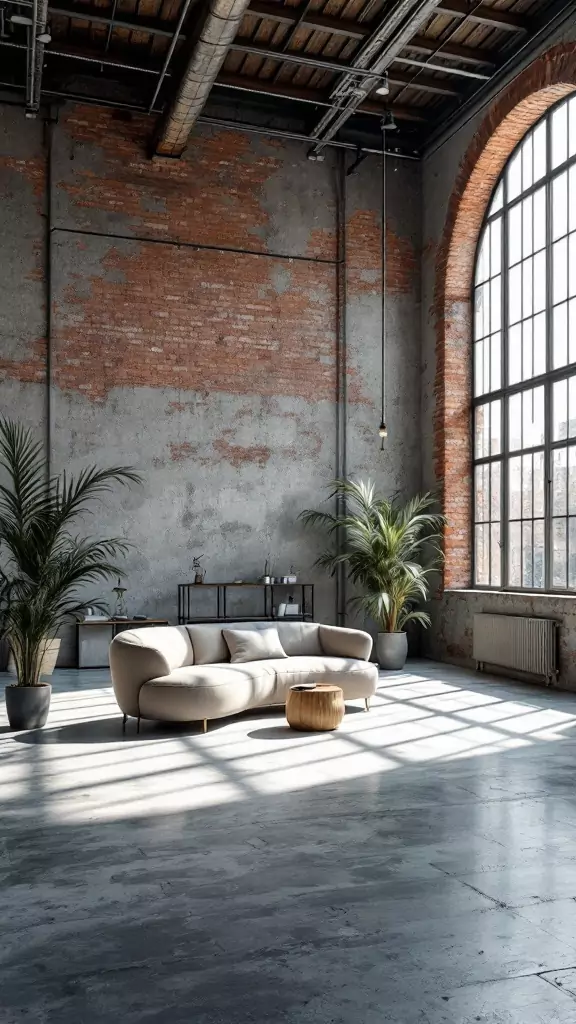 A spacious industrial office interior featuring oversized factory windows, a modern sofa, and greenery.