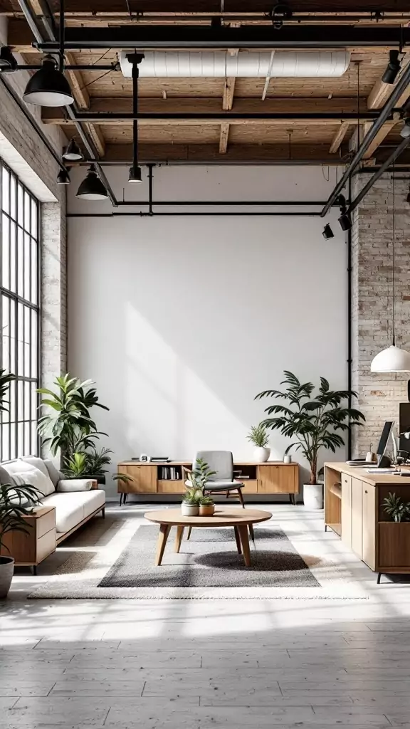 A modern industrial office space featuring exposed beam ceilings, plants, and minimalist furniture.