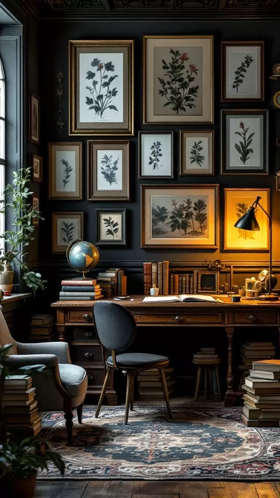 A dark academia office featuring framed botanical prints on the walls, with a vintage desk and books stacked around.