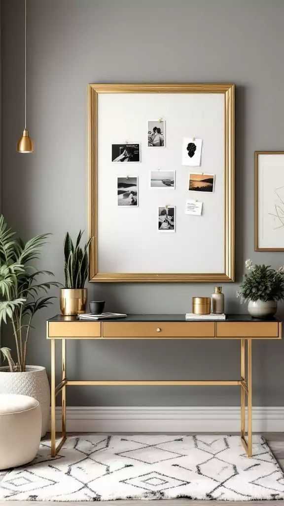 Gold-trimmed bulletin board in a glam office setting with plants and elegant decor.