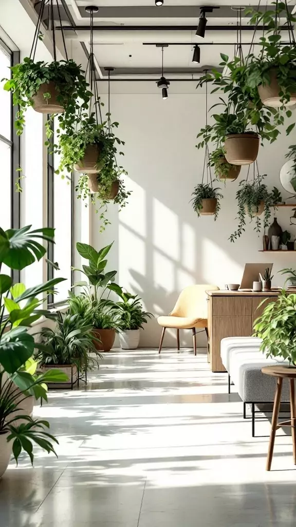 A bright and airy office space featuring hanging planters and various indoor plants.