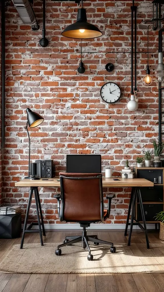 A modern office space with a brick wall, wooden desk, and stylish decor.