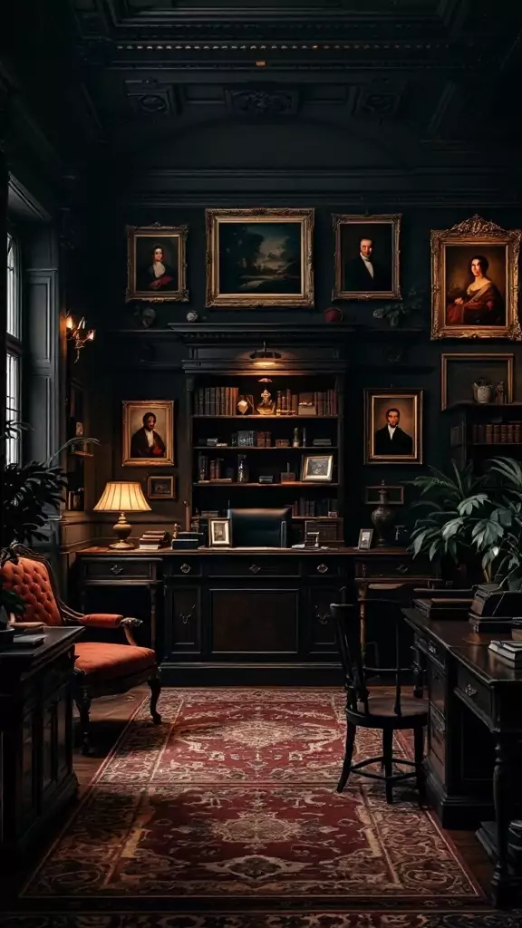 A dark academia styled office with classical paintings and vintage decor.