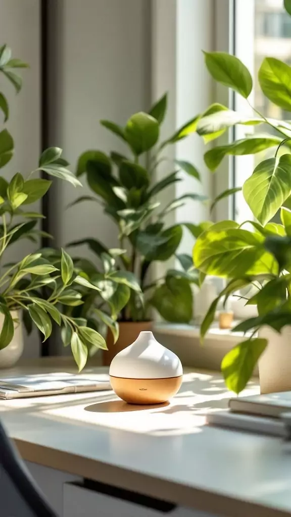 Essential oil diffuser in a ceramic vessel on a desk surrounded by plants.