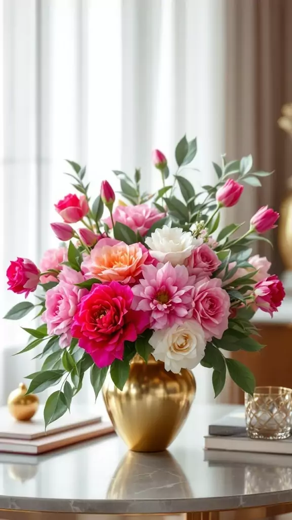 Floral arrangement in a glamorous golden vase on a desk