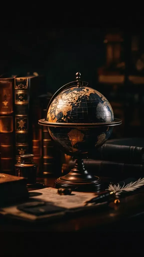 An antique globe on a desk surrounded by books and stationery.