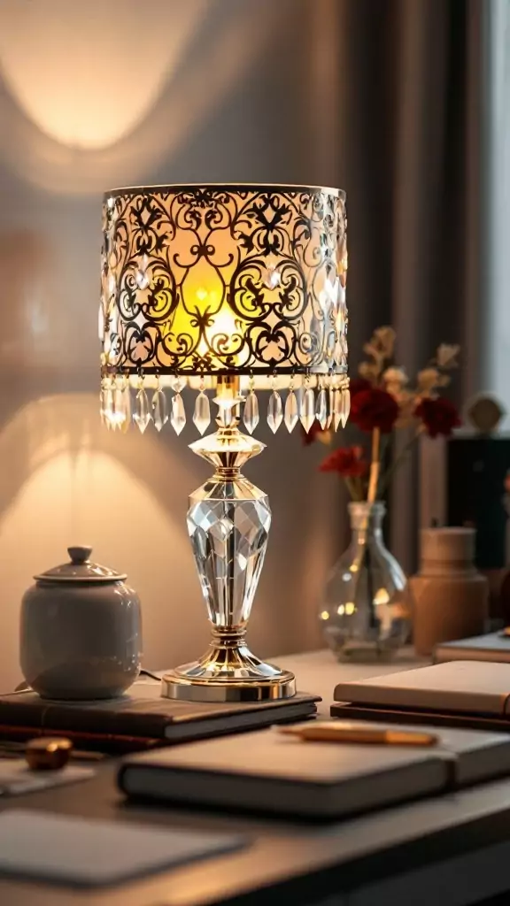 A decorative crystal table lamp with an intricate shade illuminating a stylish desk.