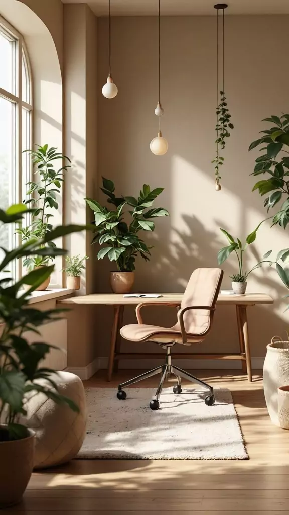 A cozy office space featuring earthy tones, plants, and a modern wood desk.