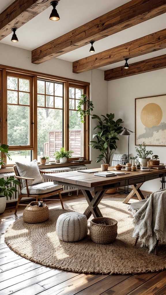 A stylish modern farmhouse office with wooden beams, a large desk, and plants.