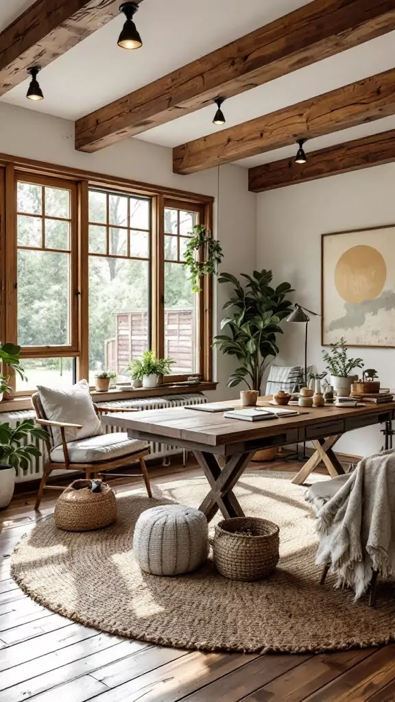 A stylish modern farmhouse office with wooden beams, a large desk, and plants.