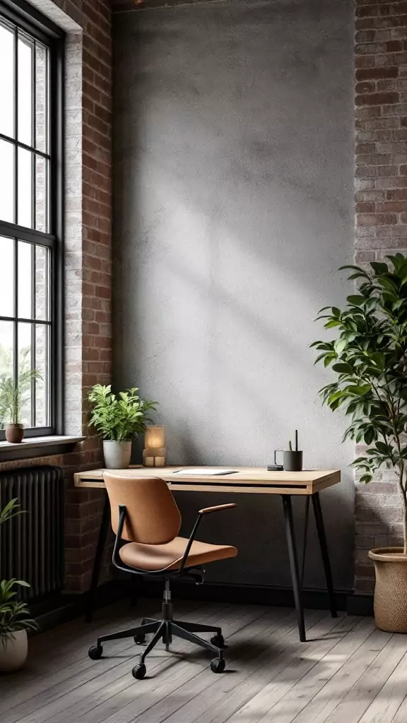 A modern industrial office featuring exposed brick walls, a wooden desk, and a comfortable chair.