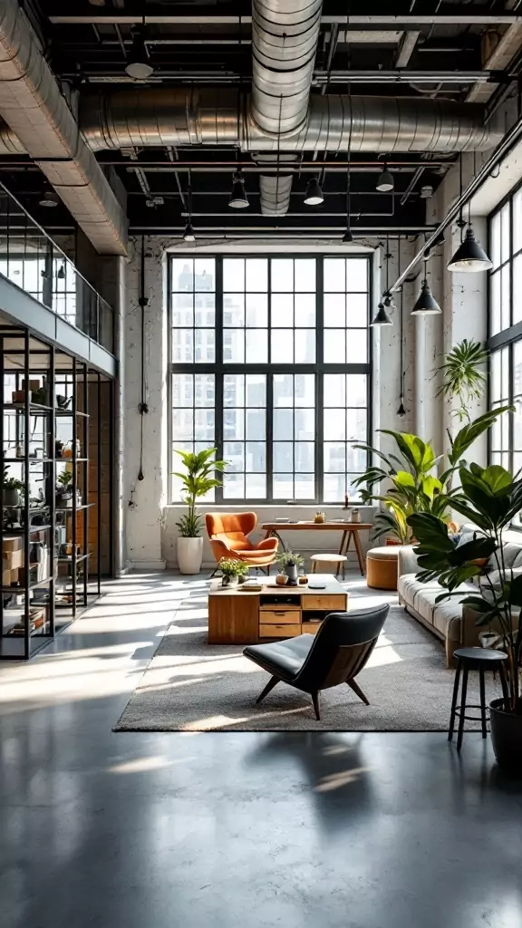 A modern industrial office space featuring an open ceiling with exposed ductwork and stylish furnishings.