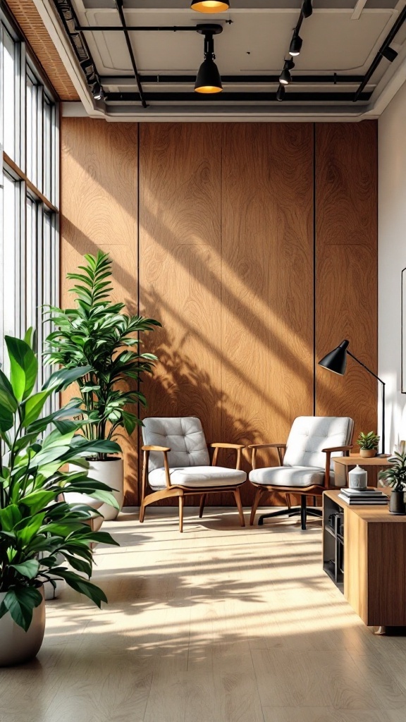 A bright and airy office with acoustic wood panels, plants, and modern furniture.