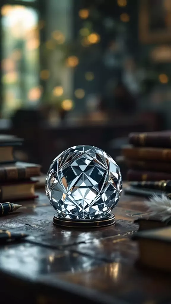 A crystal paperweight sitting on a dark wooden desk surrounded by books and stationery