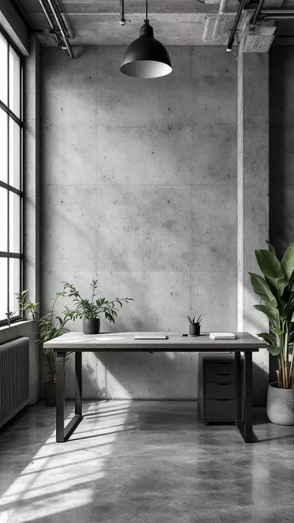 A minimalist industrial workstation featuring a simple desk, plants, and a concrete wall.