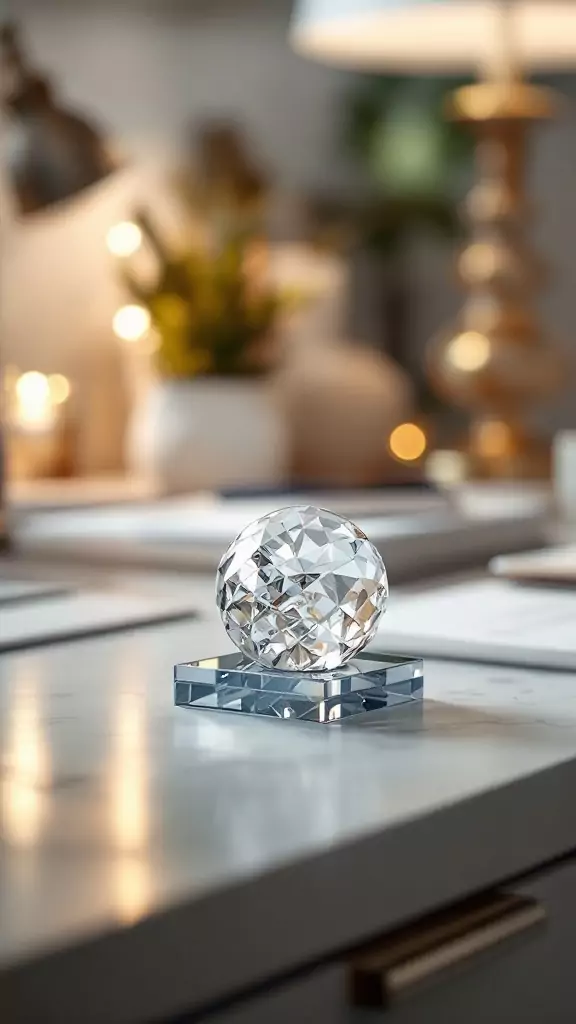 A crystal paperweight on a stylish desk in a chic office setting