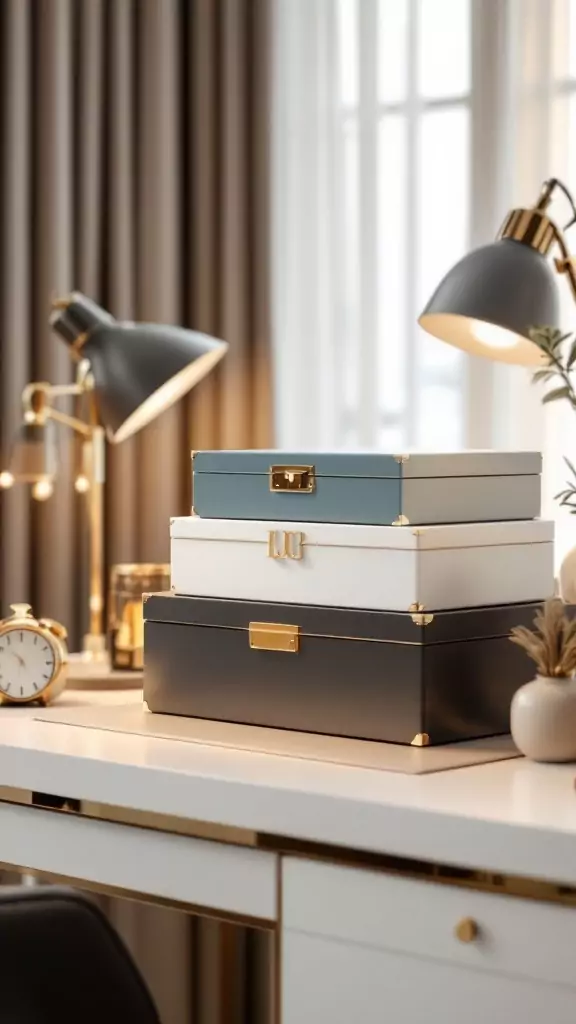 Lacquered storage boxes in a chic workspace on a white desk