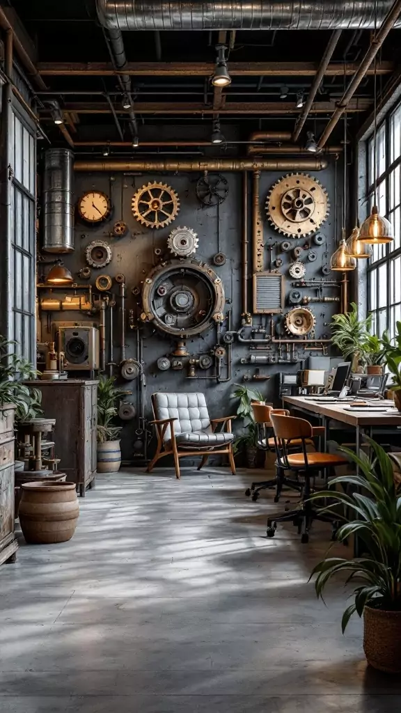 Industrial office design featuring repurposed factory equipment as decor.