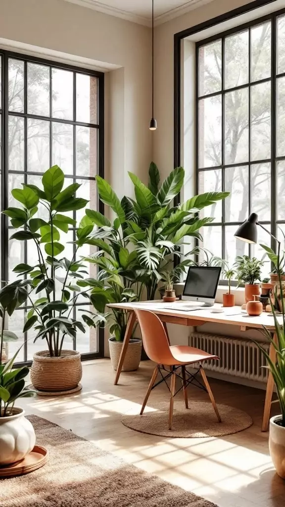 A bright organic modern office with plants and terracotta accents.