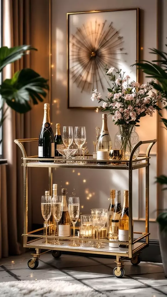 Champagne-inspired bar cart with elegant glassware and flowers in a stylish office setting.