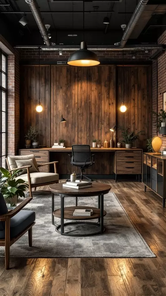 An industrial office design featuring dark finishes and metallic accents.