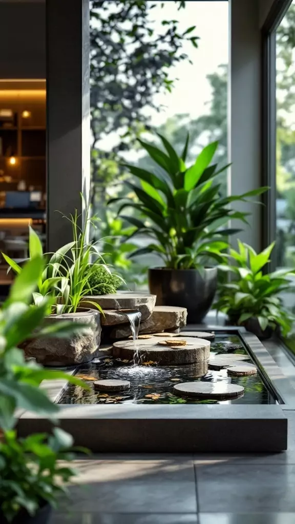 A serene water feature surrounded by lush greenery in an earthy office.