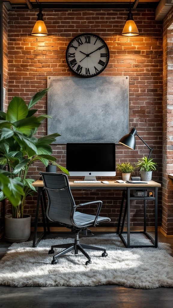 A cozy industrial home office featuring a modern desk, computer, and plants against a brick wall.