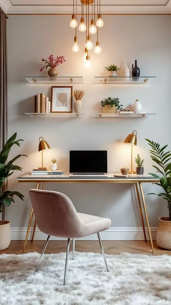 A modern office space featuring lucite floating shelves with decorative items and a stylish desk.