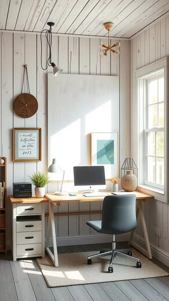 Organic modern office with salvaged wood wall paneling and a modern wood desk.