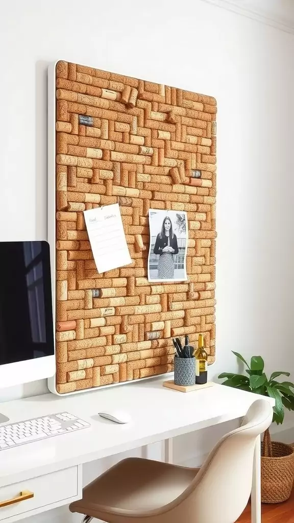 A cork bulletin board hanging on a wall, surrounded by plants and a small table.