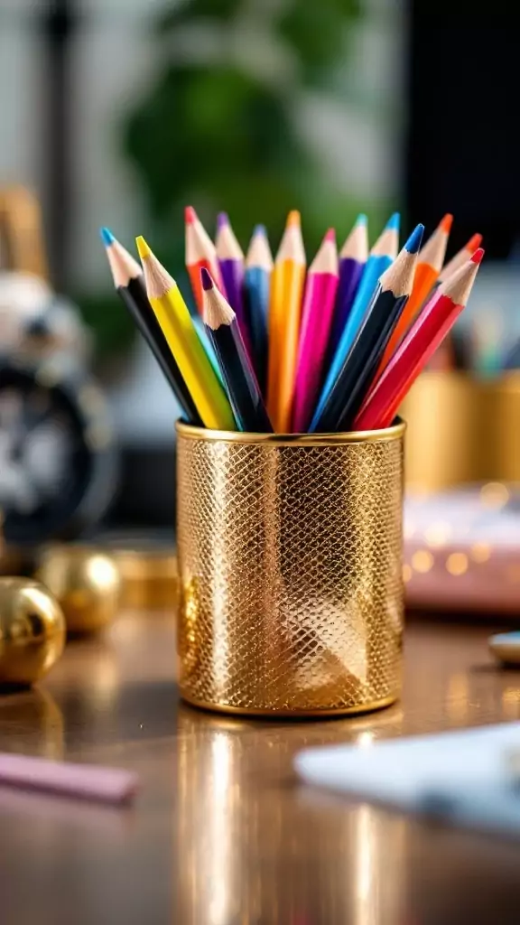 A shiny metallic pencil holder filled with colorful pencils on a stylish desk.