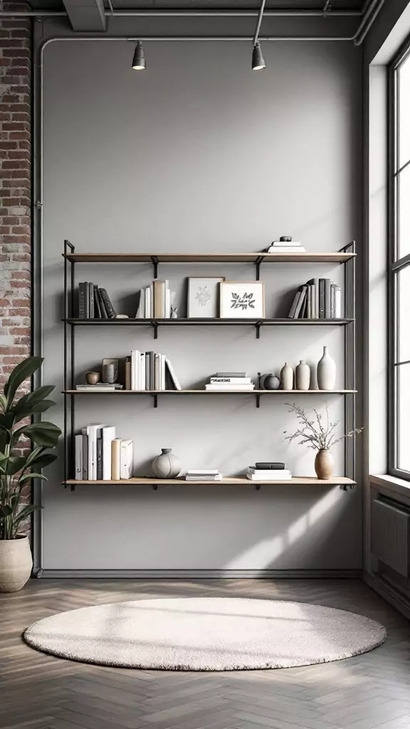 Steel-framed floating shelves in an industrial office space.