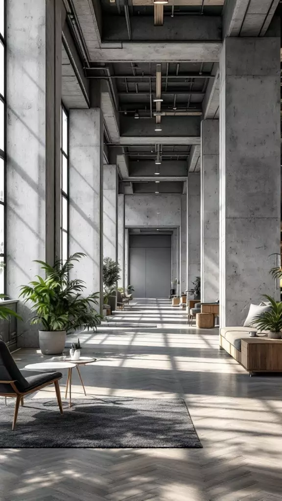 A sleek industrial office space featuring exposed concrete columns, large windows, and modern furniture.