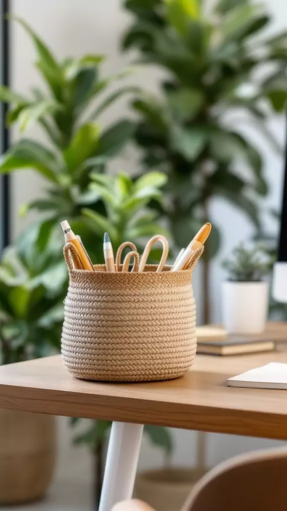 Handwoven seagrass storage basket filled with pens in a modern office setting.