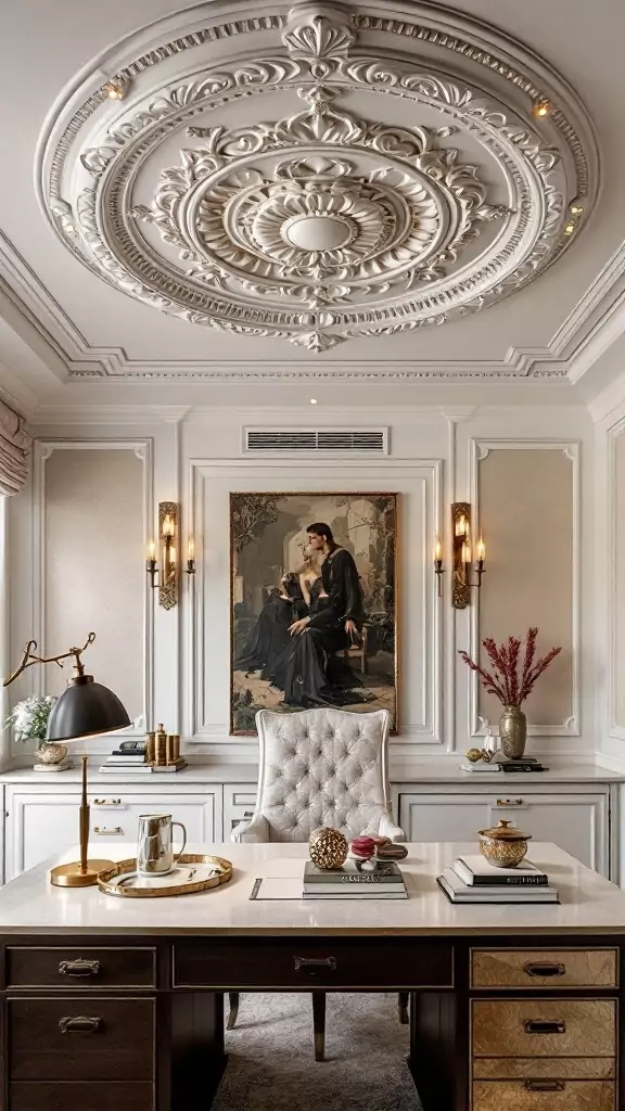 Elegant office with a detailed ceiling medallion, chandelier, and tasteful furniture.