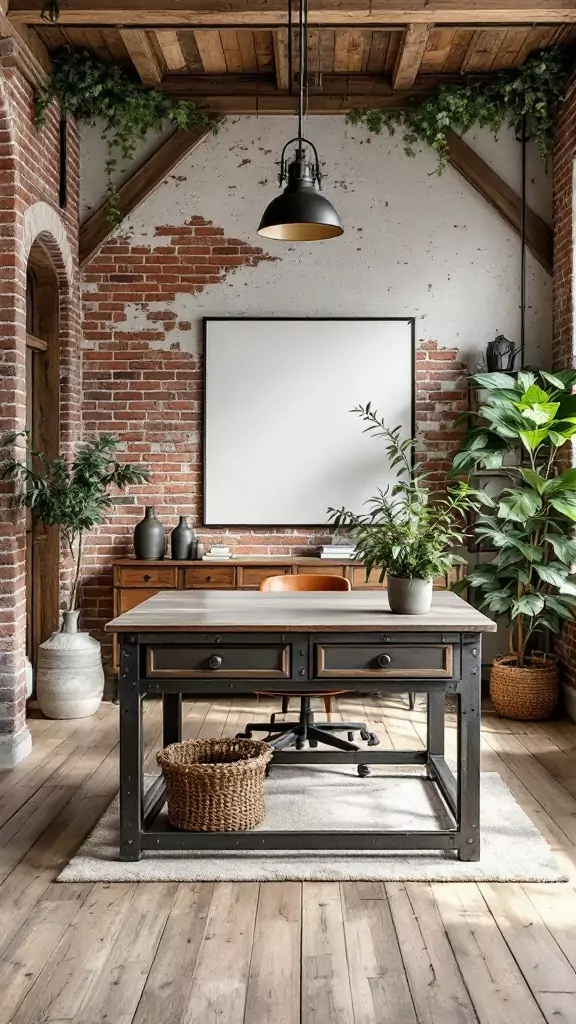 An industrial farmhouse office featuring exposed brick walls, wooden beams, and a rustic desk.