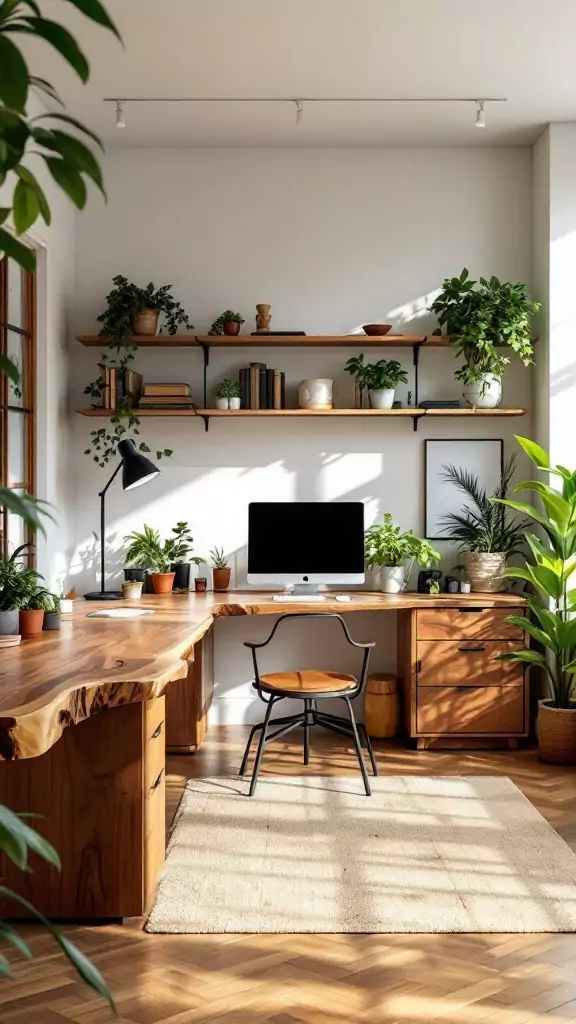 An organic modern office featuring a live edge wood desk, plants, and natural decor.