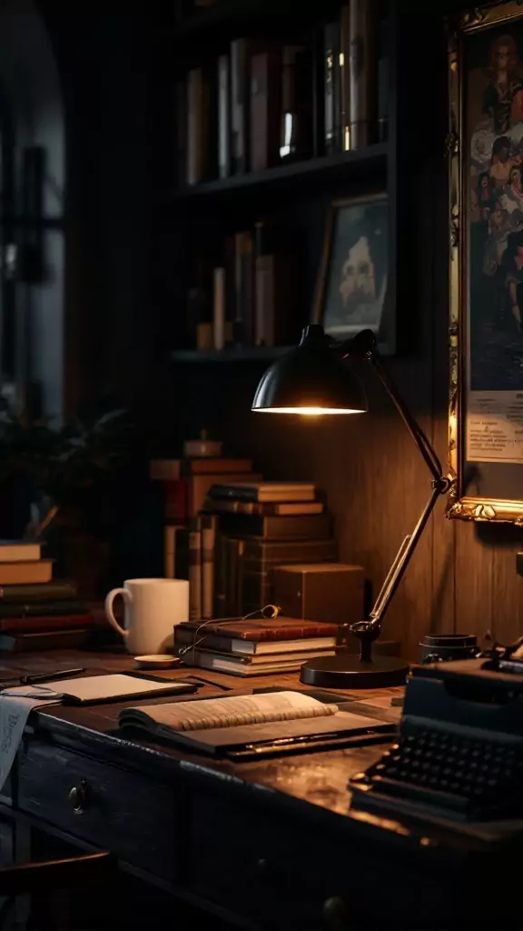 A dimly lit desk with a mid-century desk lamp, books, and a typewriter creating a dark academia office vibe.