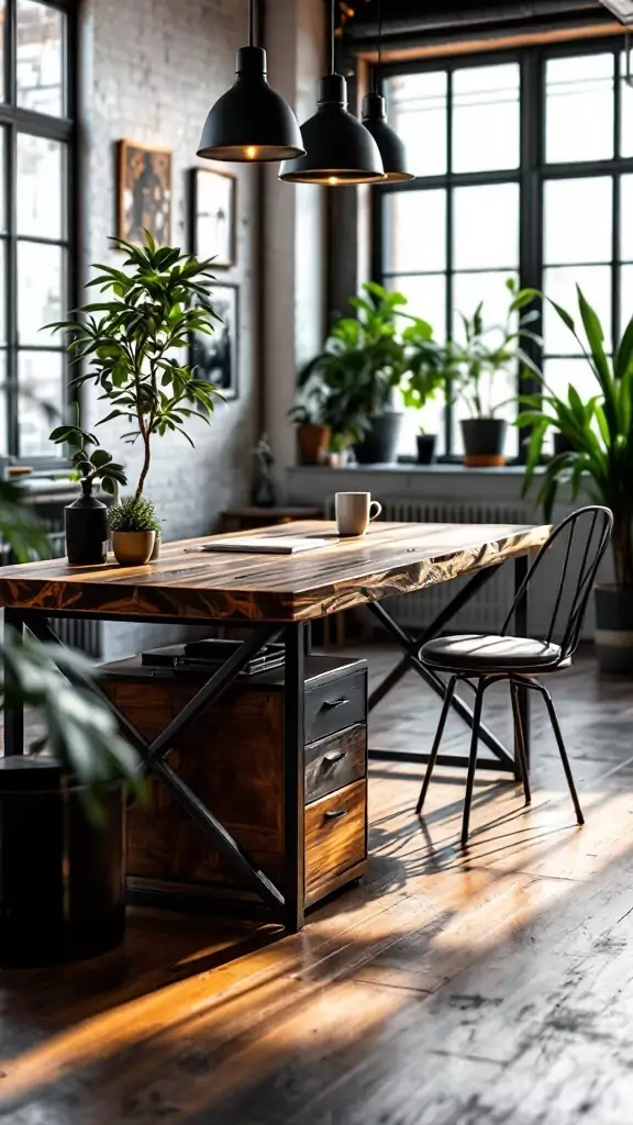 A stylish reclaimed wood desk in a modern office space, surrounded by plants and natural light.