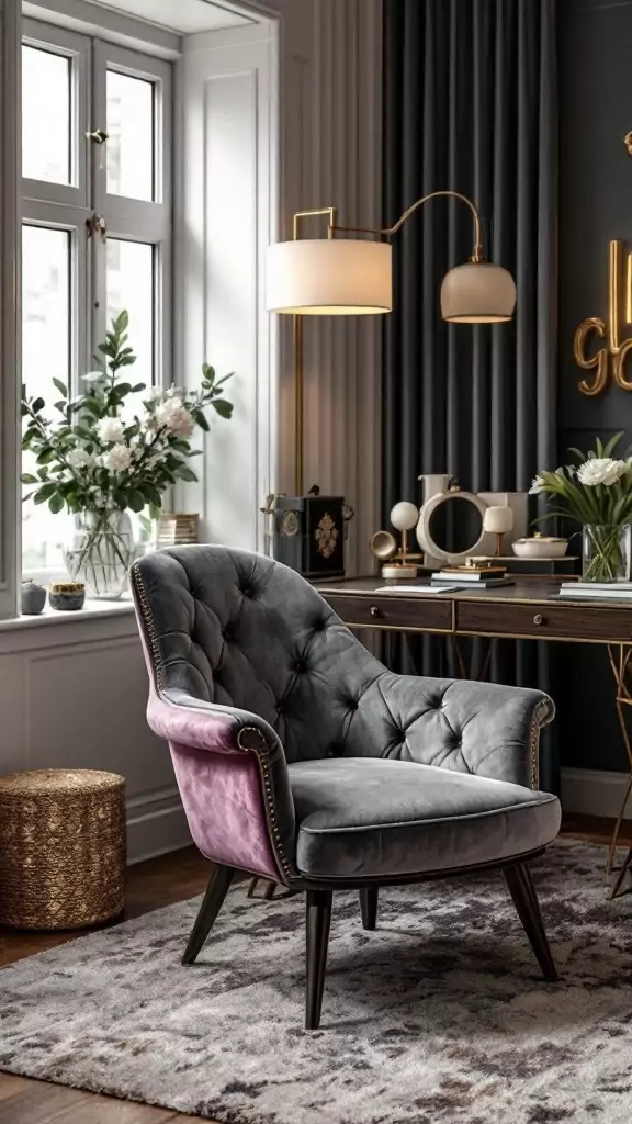 A stylish velvet office chair in a glamorous office setting.