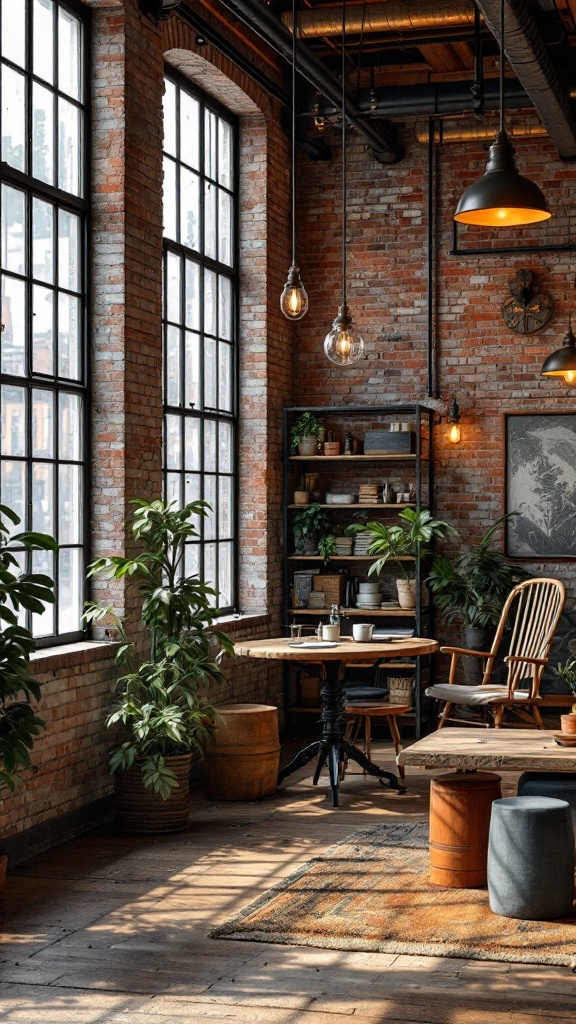 A vintage factory-inspired office with exposed brick walls, wooden furniture, and vintage decor.