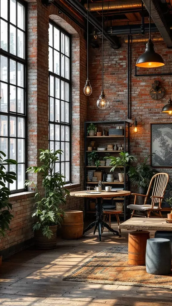 A vintage factory-inspired office with exposed brick walls, wooden furniture, and vintage decor.