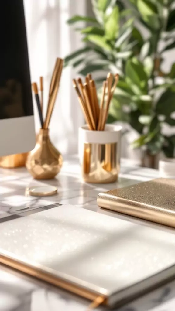 Gold desk accessories and notebooks in a stylish office setting.