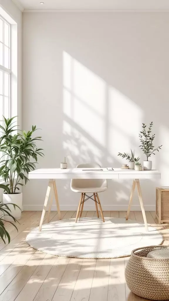 A bright and airy minimalist farmhouse office with a white desk, plants, and natural light.