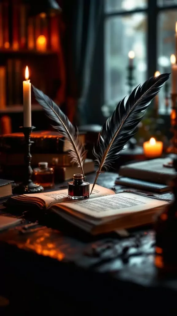 A quill and ink set placed on an open book surrounded by candles and dark wood.