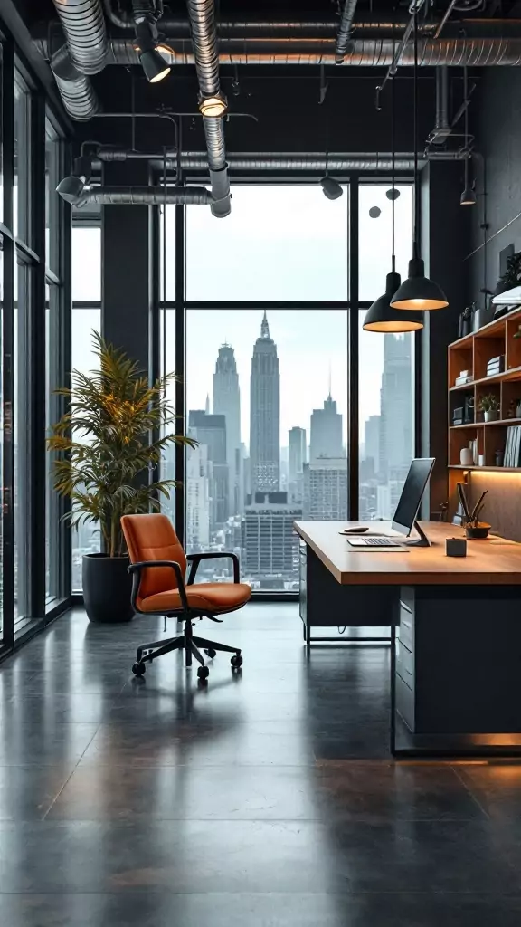 A modern industrial office featuring a wood desk, steel elements, and city views.