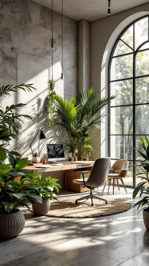 An organic modern office with stone accents and plants.