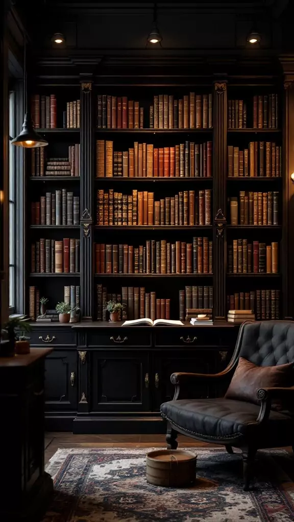 A dark wood antique bookshelf filled with vintage books, complemented by a cozy reading chair.