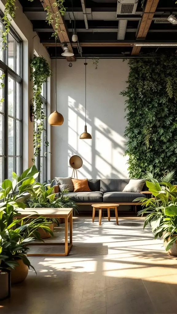 A bright office space filled with plants and natural light, featuring a modern wood desk and comfortable seating.