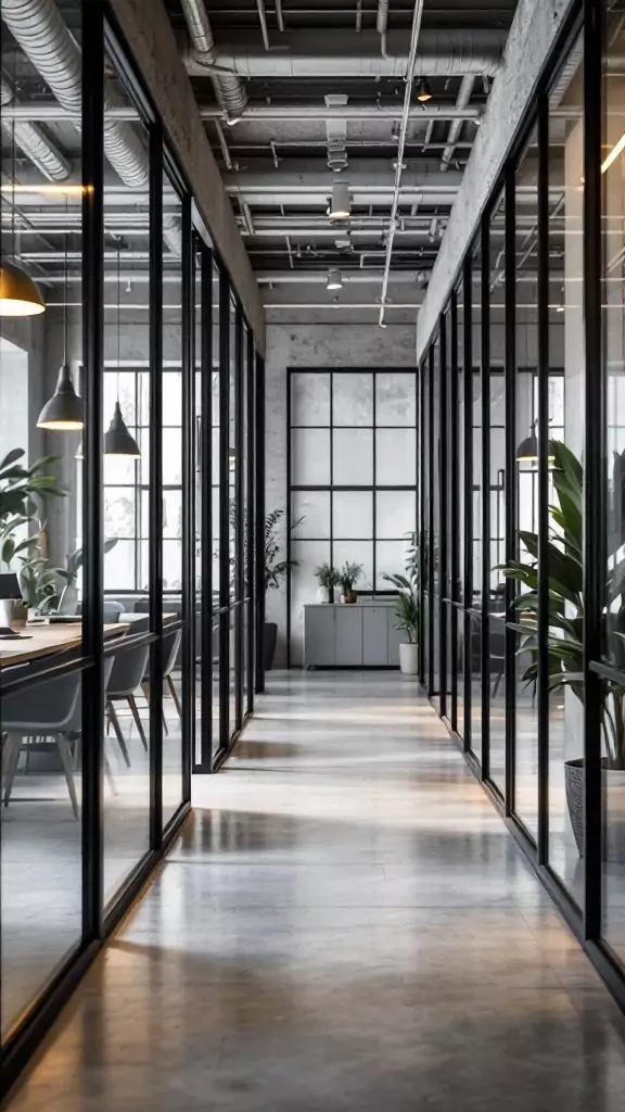 Interior view of a modern industrial office space with black metal framed glass partitions